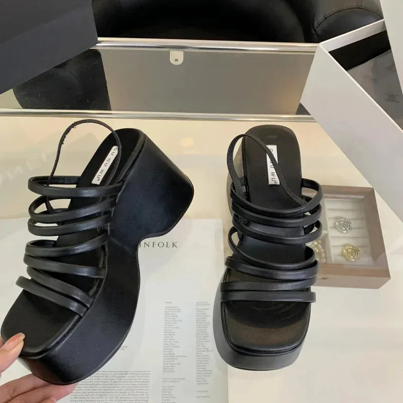 Sohiwoo Silver Wedge Sandals Women Platform Shoes Black Belt High Heels Gladiator Chunky Heeled  Summer Wedges Zapatos De Mujer