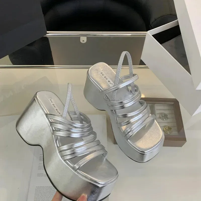Sohiwoo Silver Wedge Sandals Women Platform Shoes Black Belt High Heels Gladiator Chunky Heeled  Summer Wedges Zapatos De Mujer