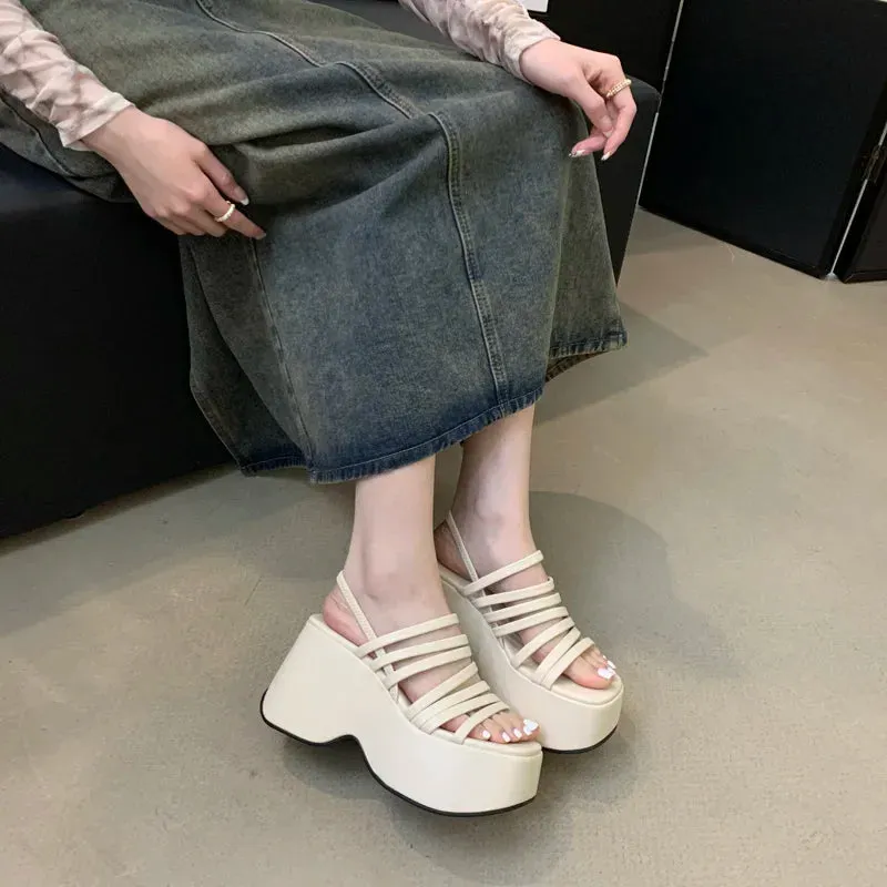 Sohiwoo Silver Wedge Sandals Women Platform Shoes Black Belt High Heels Gladiator Chunky Heeled  Summer Wedges Zapatos De Mujer