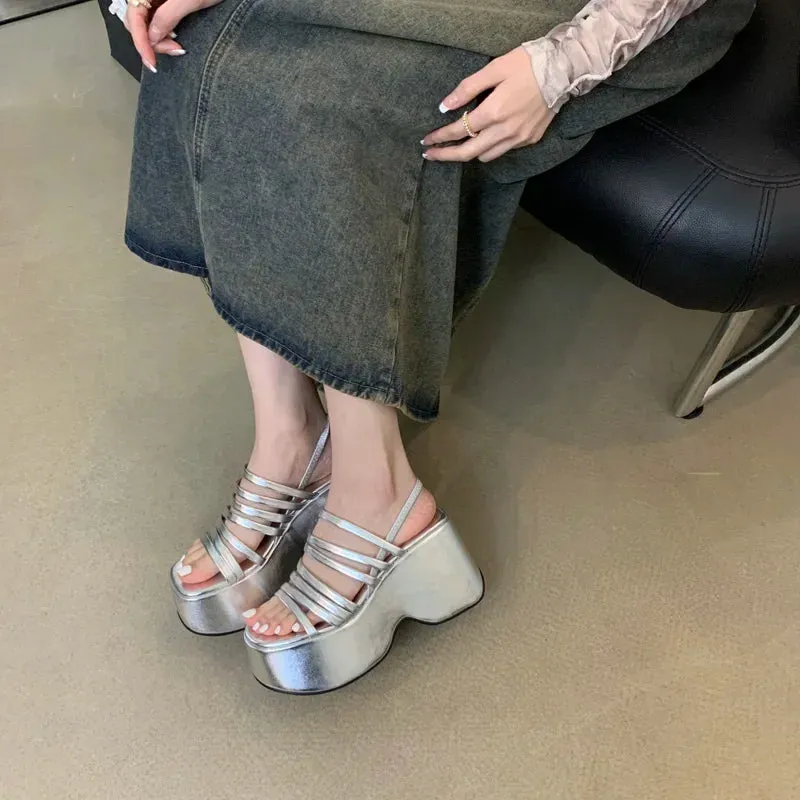Sohiwoo Silver Wedge Sandals Women Platform Shoes Black Belt High Heels Gladiator Chunky Heeled  Summer Wedges Zapatos De Mujer