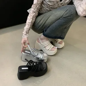 Sohiwoo Silver Wedge Sandals Women Platform Shoes Black Belt High Heels Gladiator Chunky Heeled  Summer Wedges Zapatos De Mujer