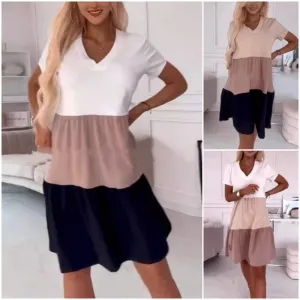 Spring Specials Womens Elegant Color Block V-Neck Long Dress