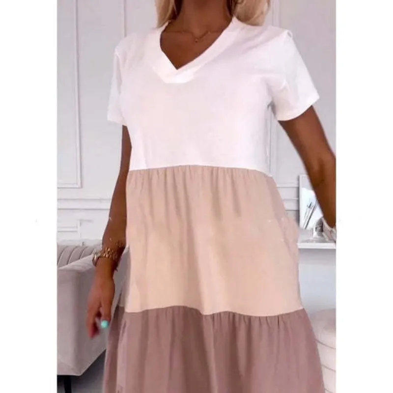 Spring Specials Womens Elegant Color Block V-Neck Long Dress