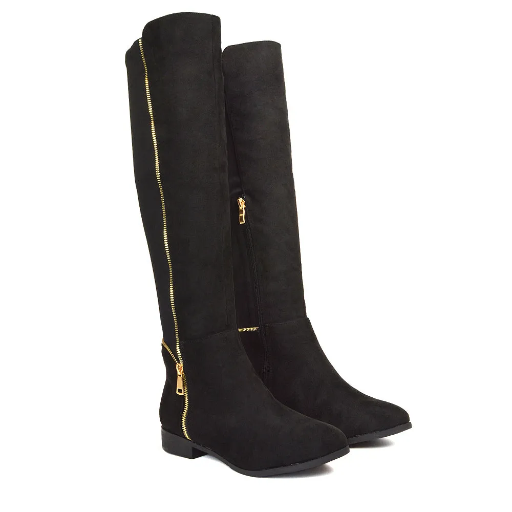 Sutton Zip Up Stretchy Calf Flat Heel Knee High Boots in Black Synthetic Leather