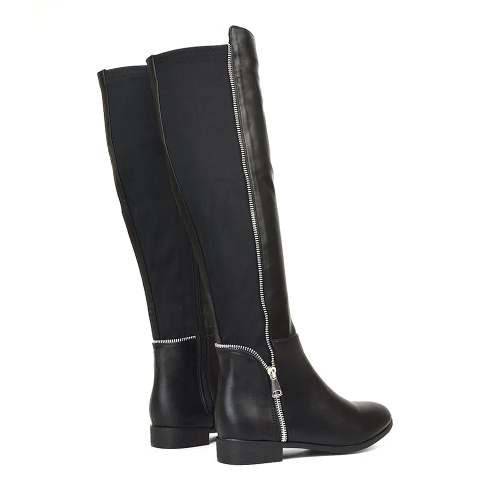 Sutton Zip Up Stretchy Calf Flat Heel Knee High Boots in Black Synthetic Leather