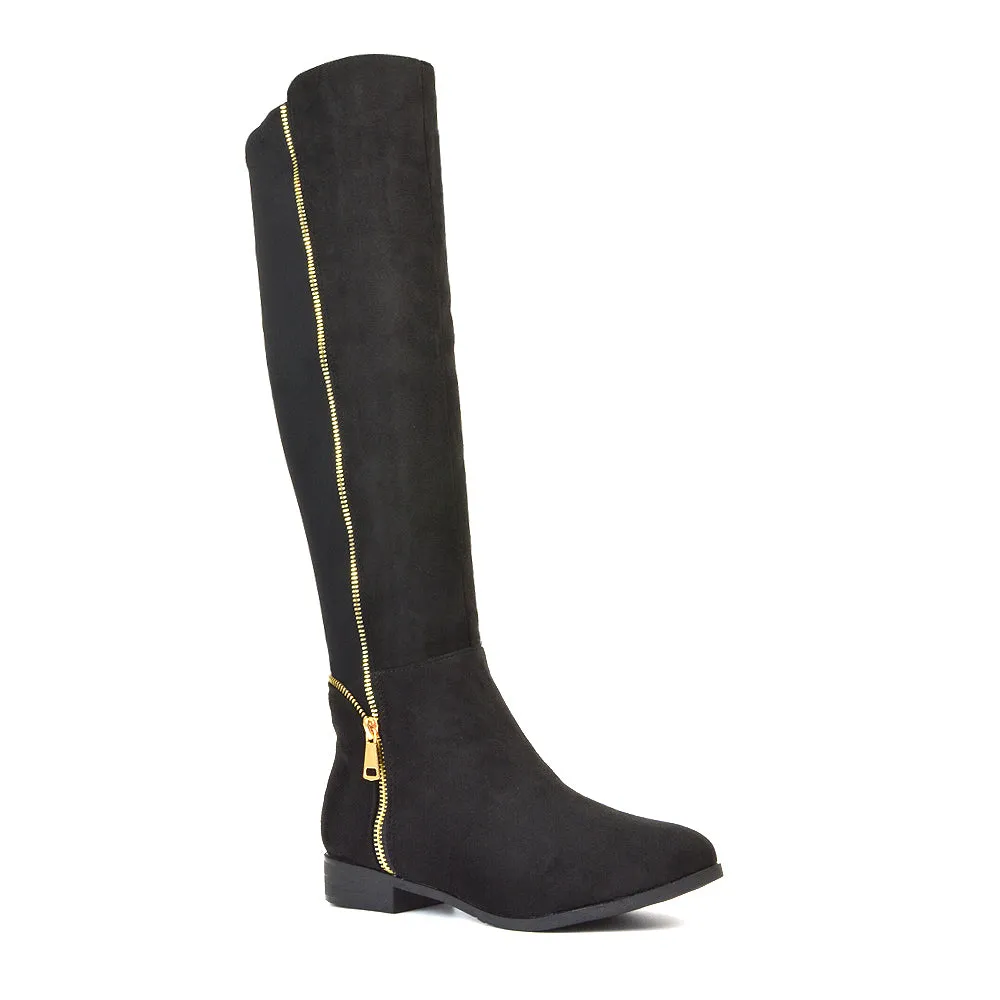 Sutton Zip Up Stretchy Calf Flat Heel Knee High Boots in Black Synthetic Leather