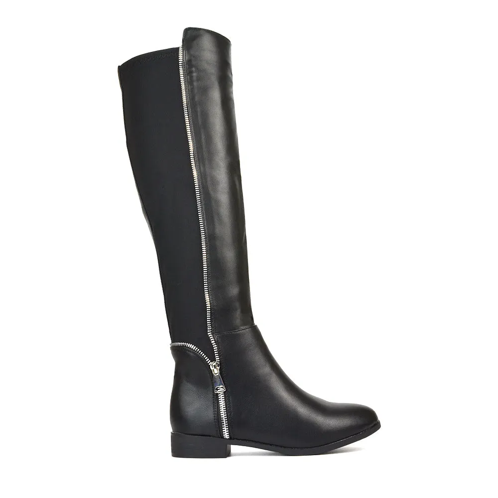 Sutton Zip Up Stretchy Calf Flat Heel Knee High Boots in Black Synthetic Leather
