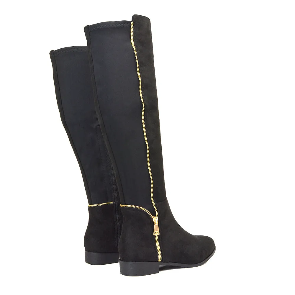 Sutton Zip Up Stretchy Calf Flat Heel Knee High Boots in Black Synthetic Leather