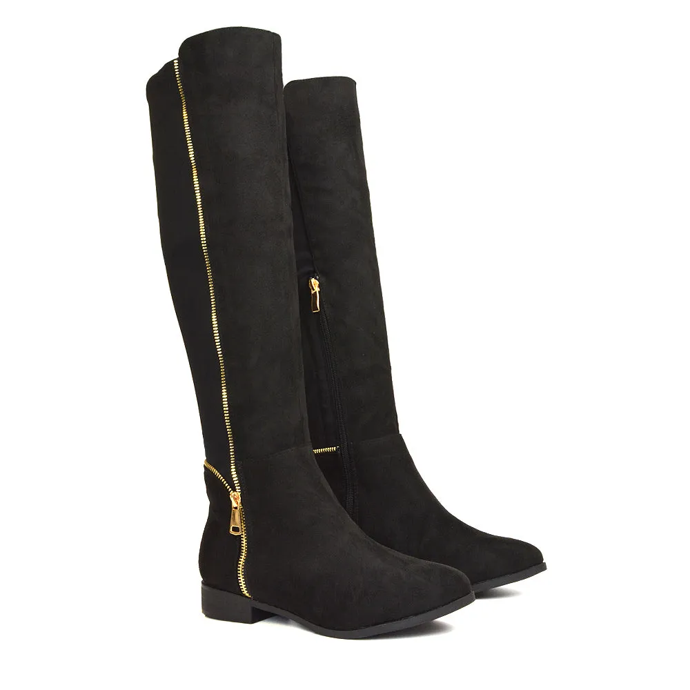 Sutton Zip Up Stretchy Calf Flat Heel Knee High Boots in Black Synthetic Leather