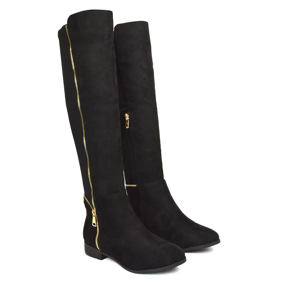 Sutton Zip Up Stretchy Calf Flat Heel Knee High Boots in Black Synthetic Leather