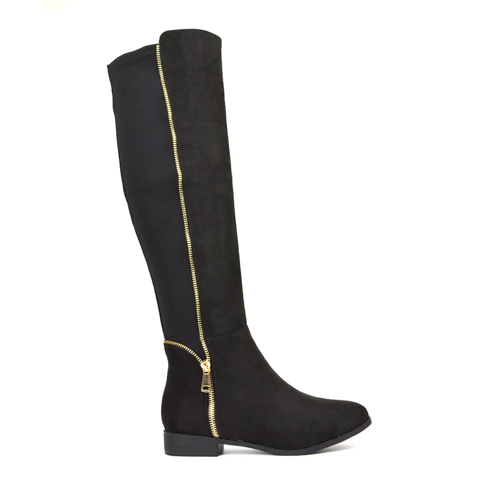 Sutton Zip Up Stretchy Calf Flat Heel Knee High Boots in Black Synthetic Leather