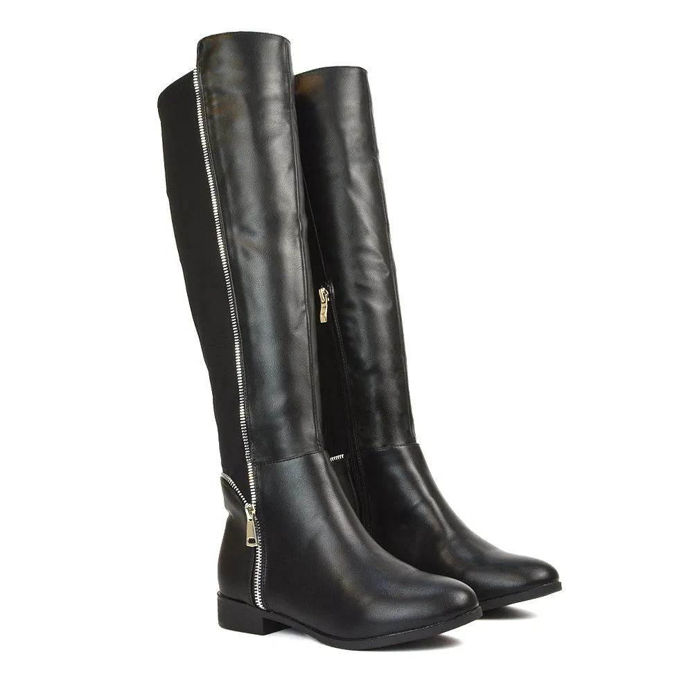 Sutton Zip Up Stretchy Calf Flat Heel Knee High Boots in Black Synthetic Leather