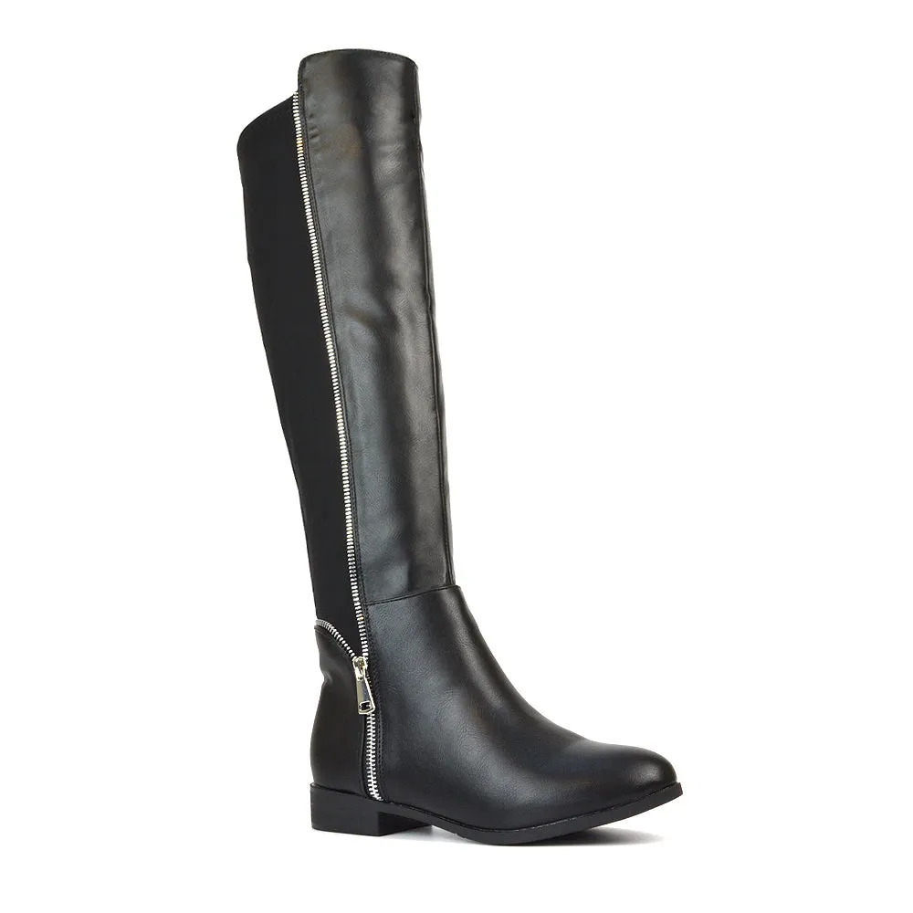 Sutton Zip Up Stretchy Calf Flat Heel Knee High Boots in Black Synthetic Leather