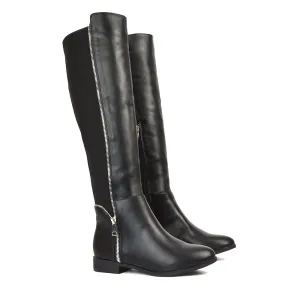Sutton Zip Up Stretchy Calf Flat Heel Knee High Boots in Black Synthetic Leather