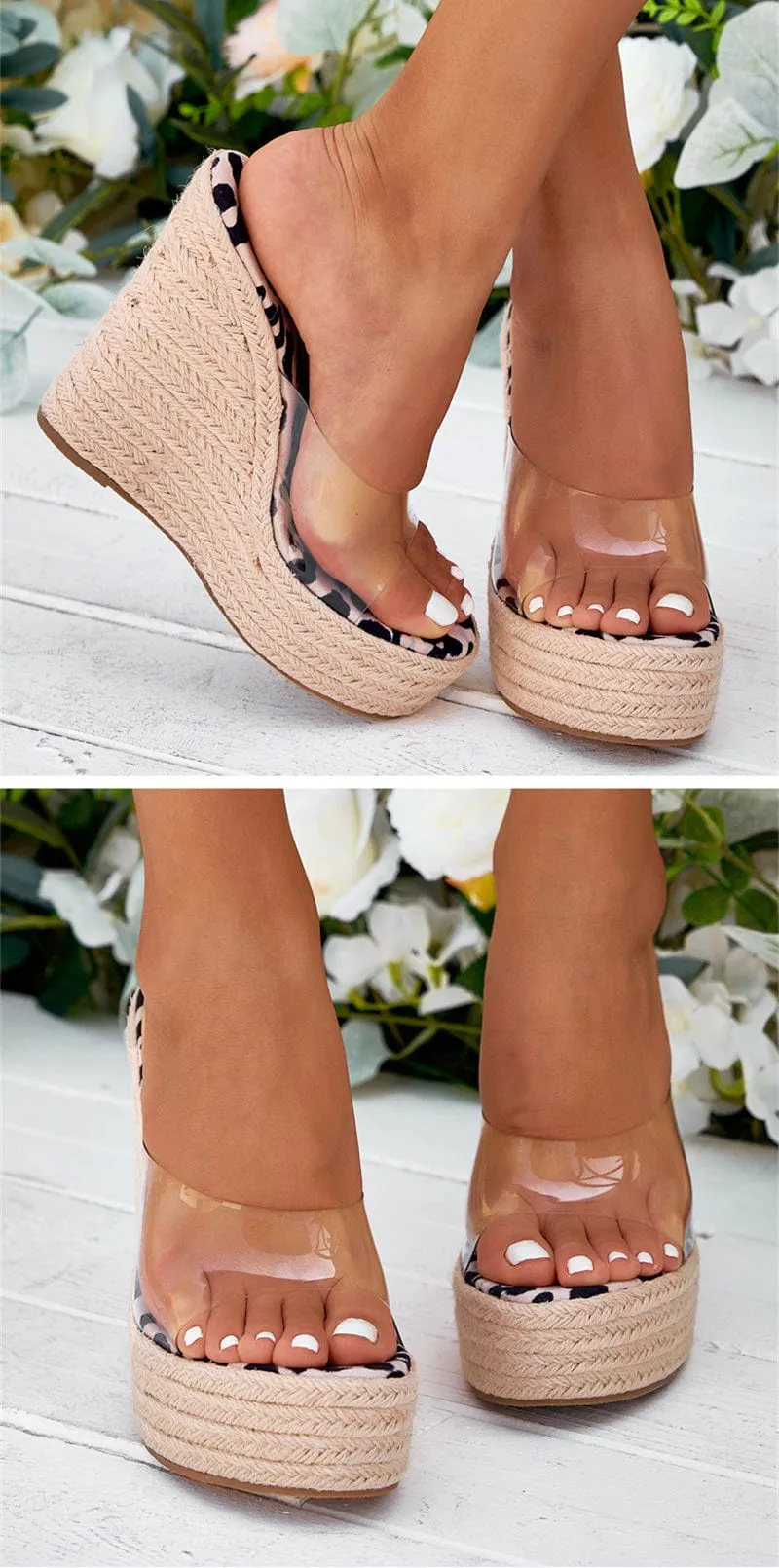 Transparent Leopard Wedge Sandals
