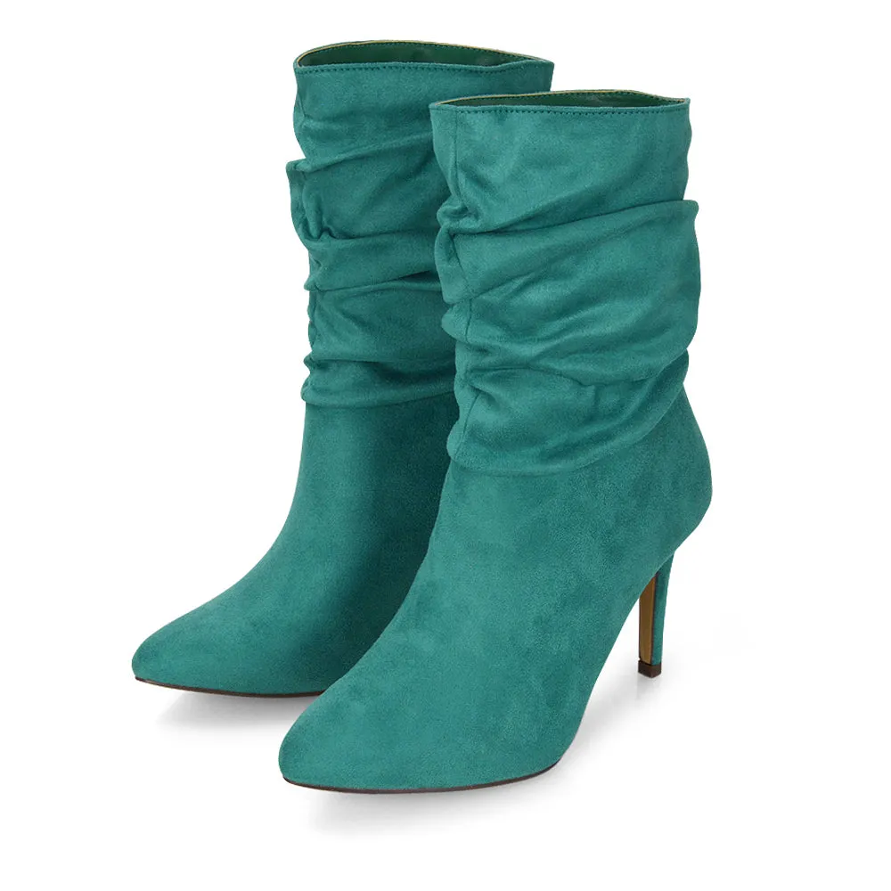 Velma Ruched Pointed Toe Stiletto High Heeled Ankle Boots in Black PU