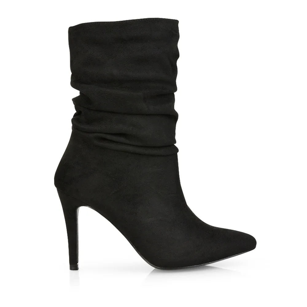 Velma Ruched Pointed Toe Stiletto High Heeled Ankle Boots in Black PU