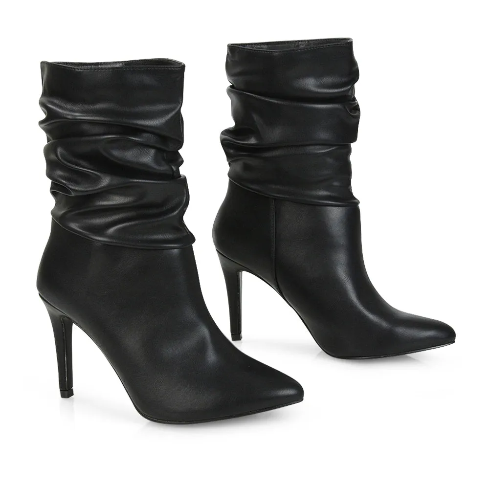 Velma Ruched Pointed Toe Stiletto High Heeled Ankle Boots in Black PU
