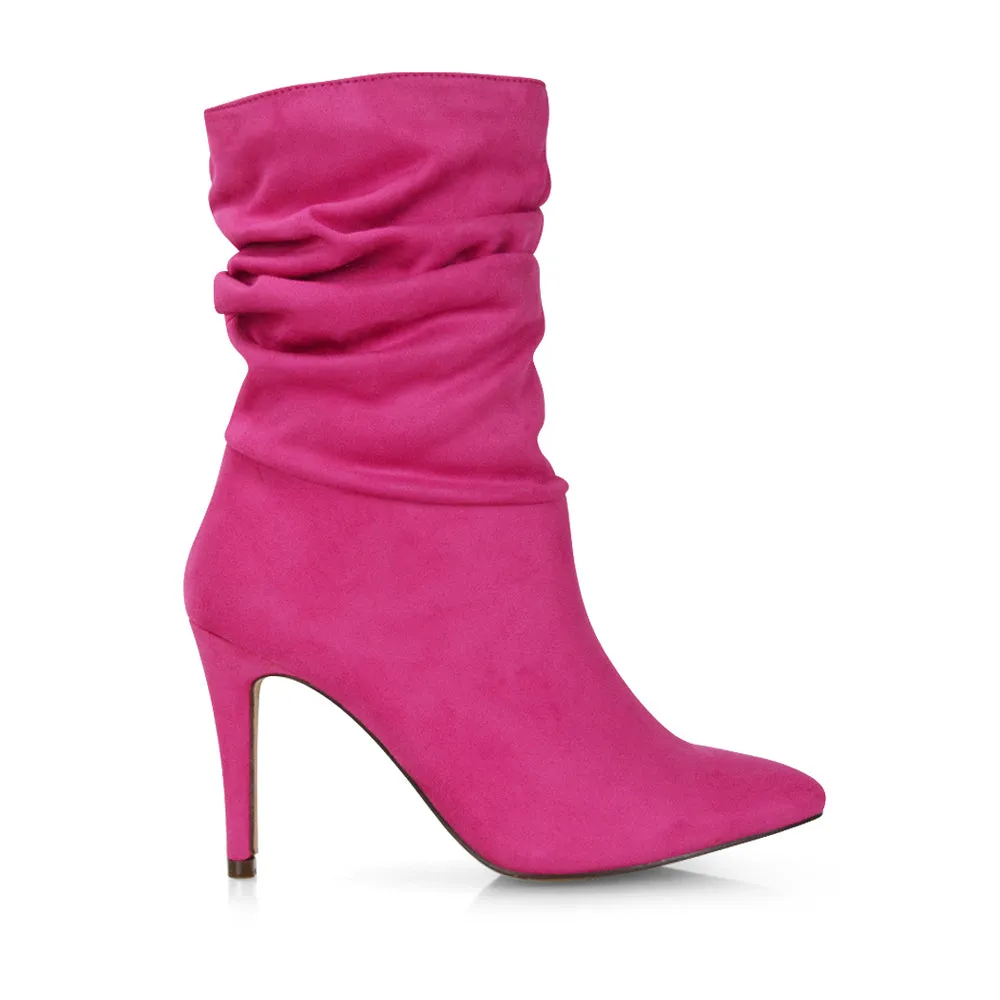 Velma Ruched Pointed Toe Stiletto High Heeled Ankle Boots in Black PU