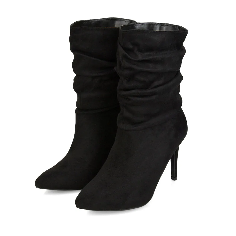 Velma Ruched Pointed Toe Stiletto High Heeled Ankle Boots in Black PU