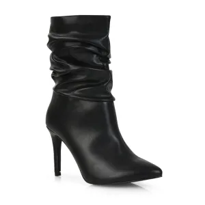 Velma Ruched Pointed Toe Stiletto High Heeled Ankle Boots in Black PU