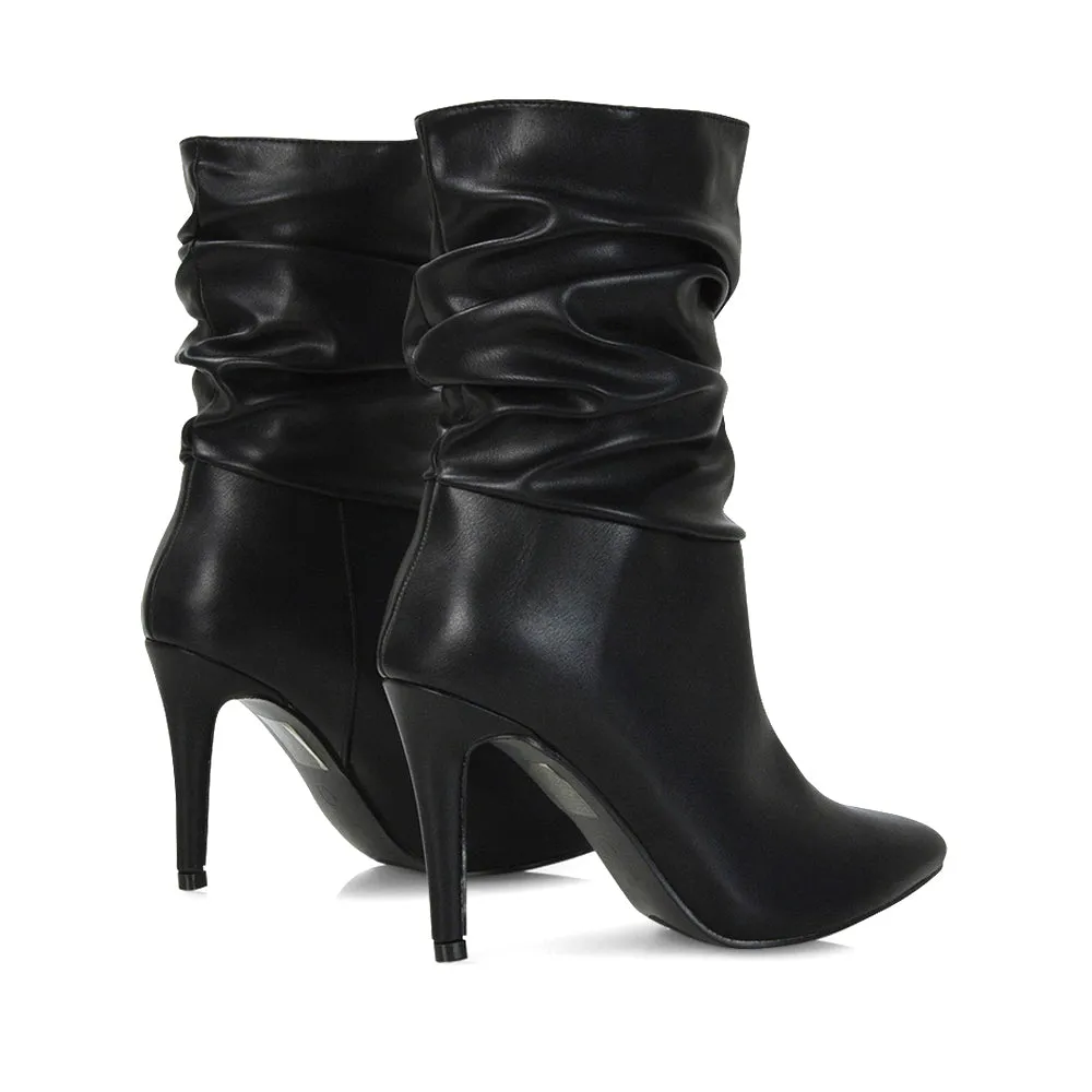 Velma Ruched Pointed Toe Stiletto High Heeled Ankle Boots in Black PU