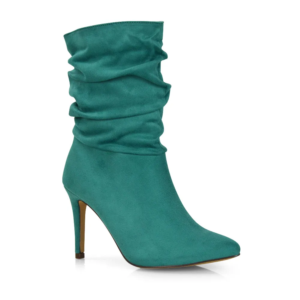 Velma Ruched Pointed Toe Stiletto High Heeled Ankle Boots in Black PU