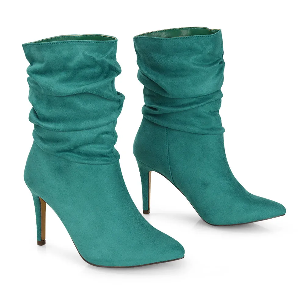 Velma Ruched Pointed Toe Stiletto High Heeled Ankle Boots in Black PU