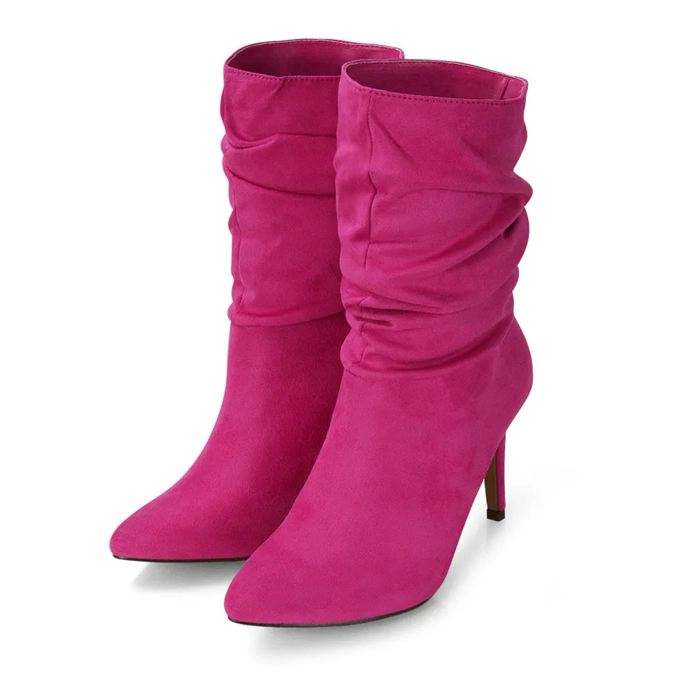 Velma Ruched Pointed Toe Stiletto High Heeled Ankle Boots in Black PU