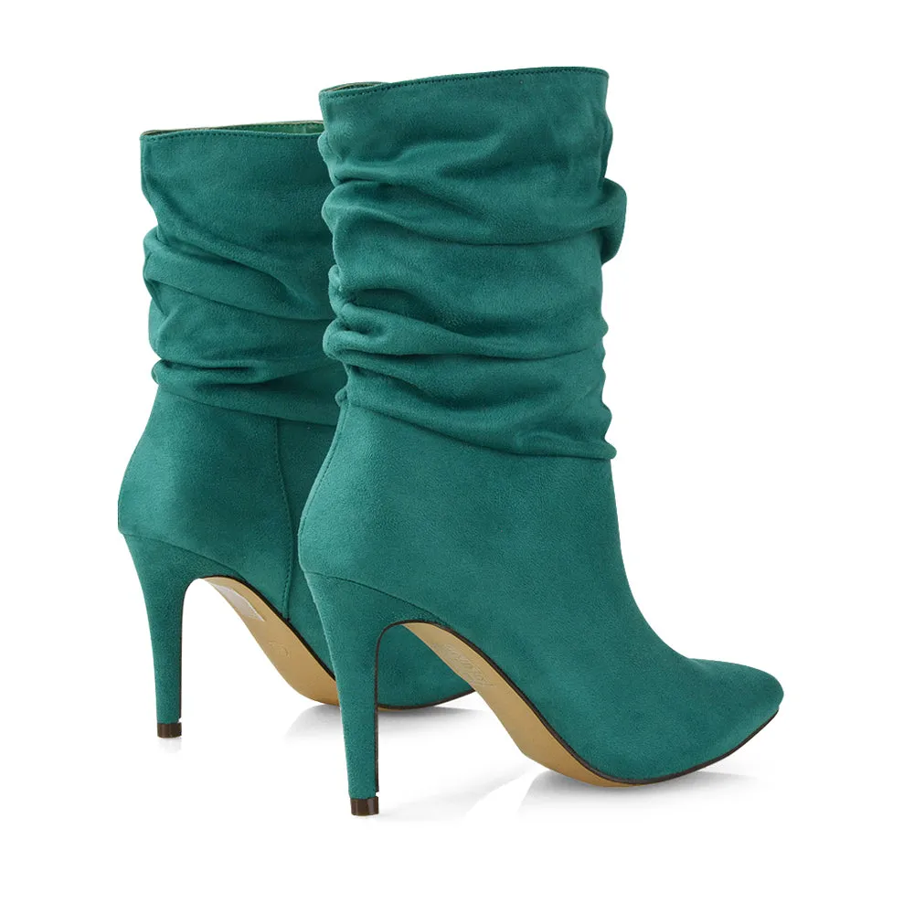 Velma Ruched Pointed Toe Stiletto High Heeled Ankle Boots in Black PU