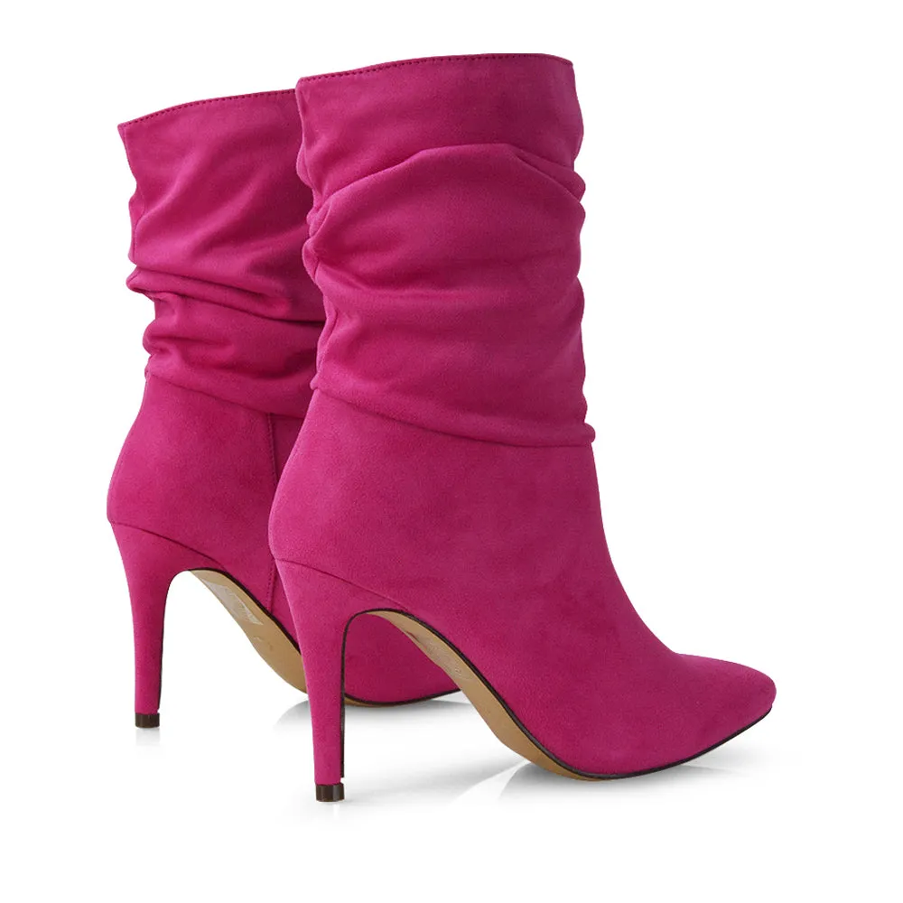 Velma Ruched Pointed Toe Stiletto High Heeled Ankle Boots in Black PU