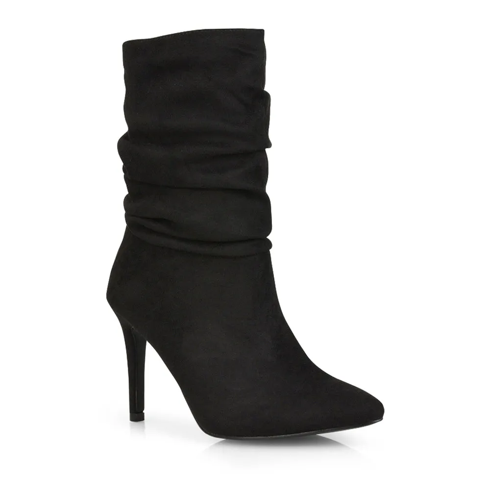 Velma Ruched Pointed Toe Stiletto High Heeled Ankle Boots in Black PU