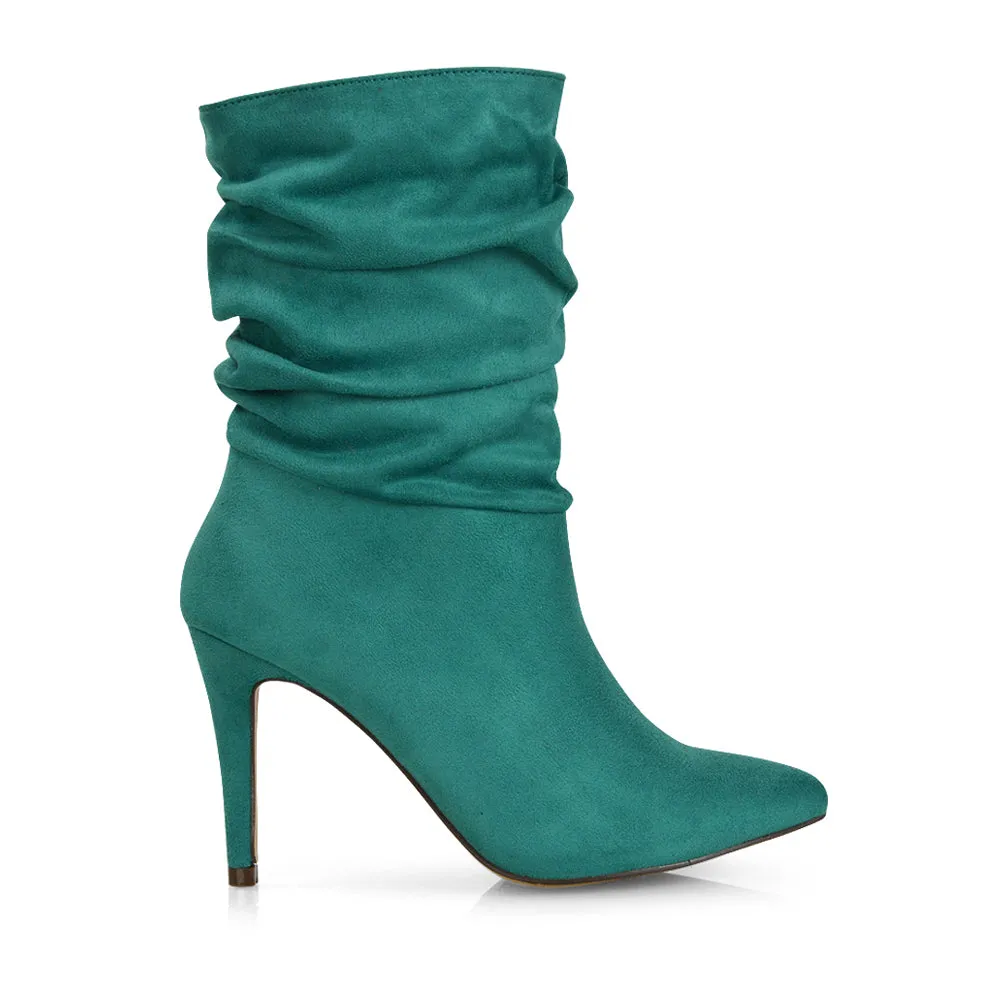 Velma Ruched Pointed Toe Stiletto High Heeled Ankle Boots in Black PU