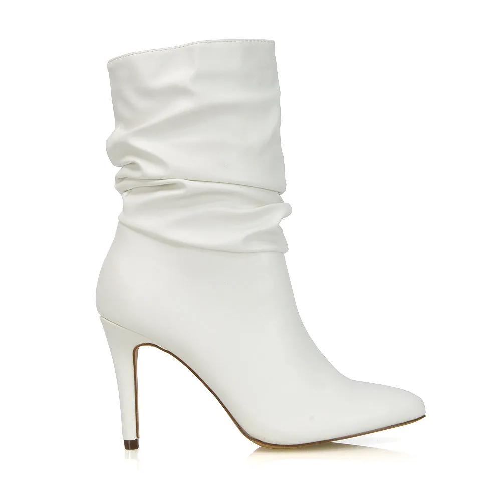 Velma Ruched Pointed Toe Stiletto High Heeled Ankle Boots in Black PU