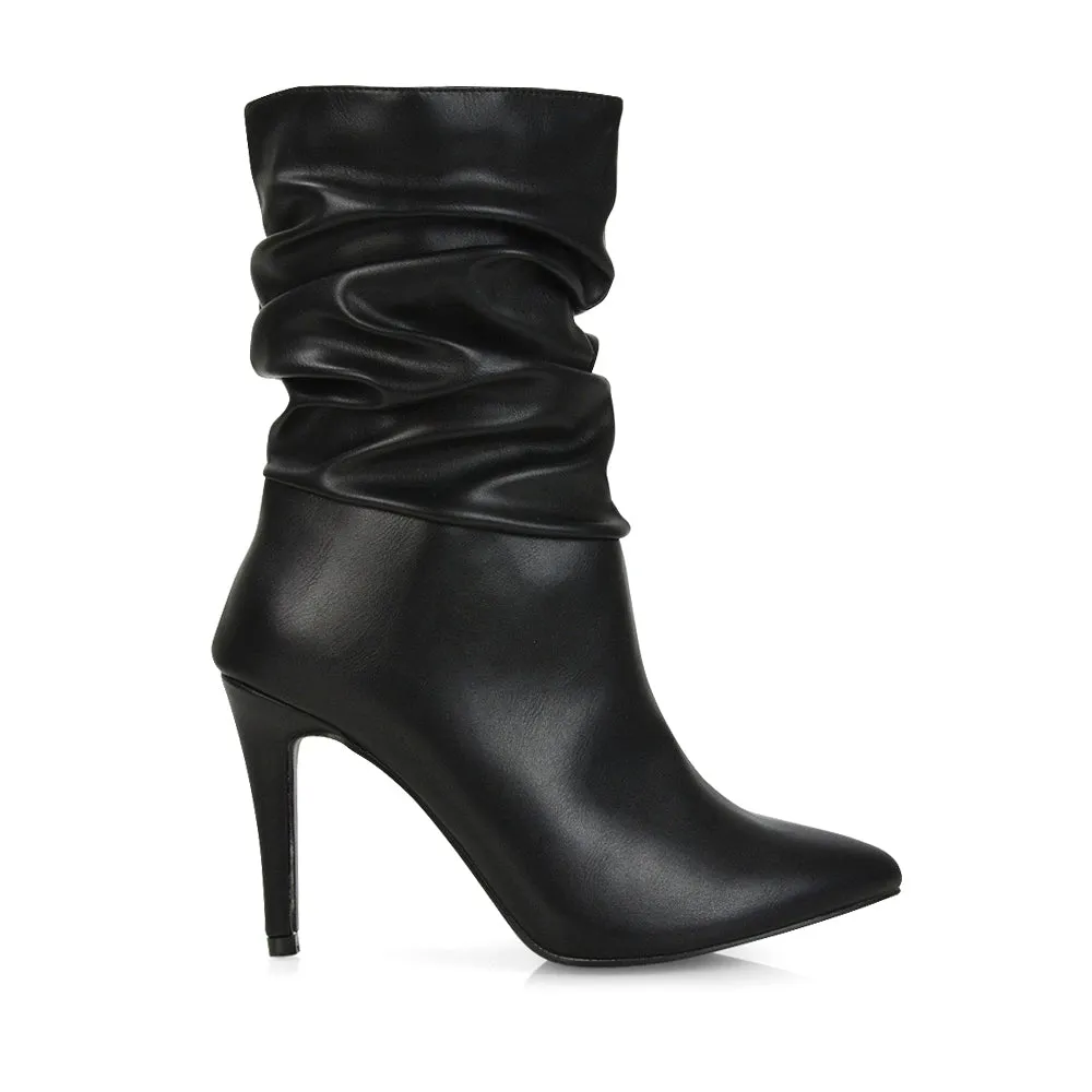 Velma Ruched Pointed Toe Stiletto High Heeled Ankle Boots in Black PU