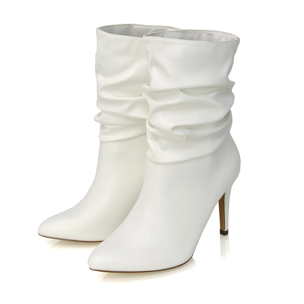 Velma Ruched Pointed Toe Stiletto High Heeled Ankle Boots in Black PU