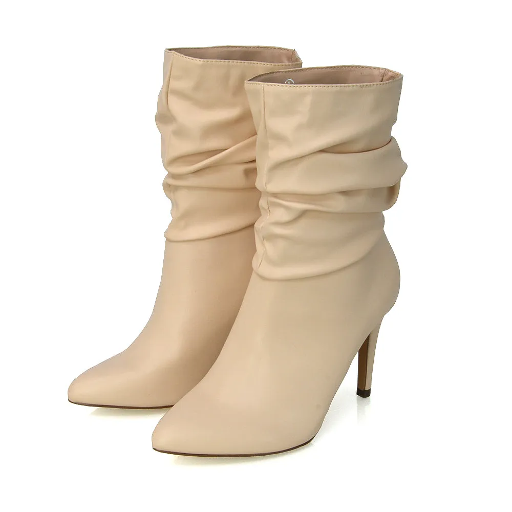 Velma Ruched Pointed Toe Stiletto High Heeled Ankle Boots in Black PU