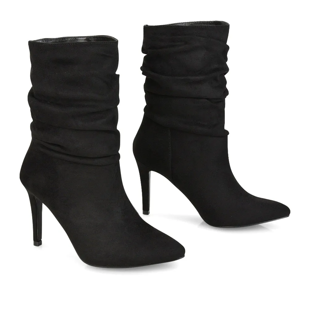 Velma Ruched Pointed Toe Stiletto High Heeled Ankle Boots in Black PU