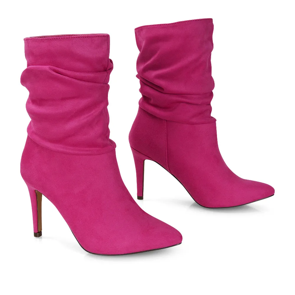 Velma Ruched Pointed Toe Stiletto High Heeled Ankle Boots in Black PU