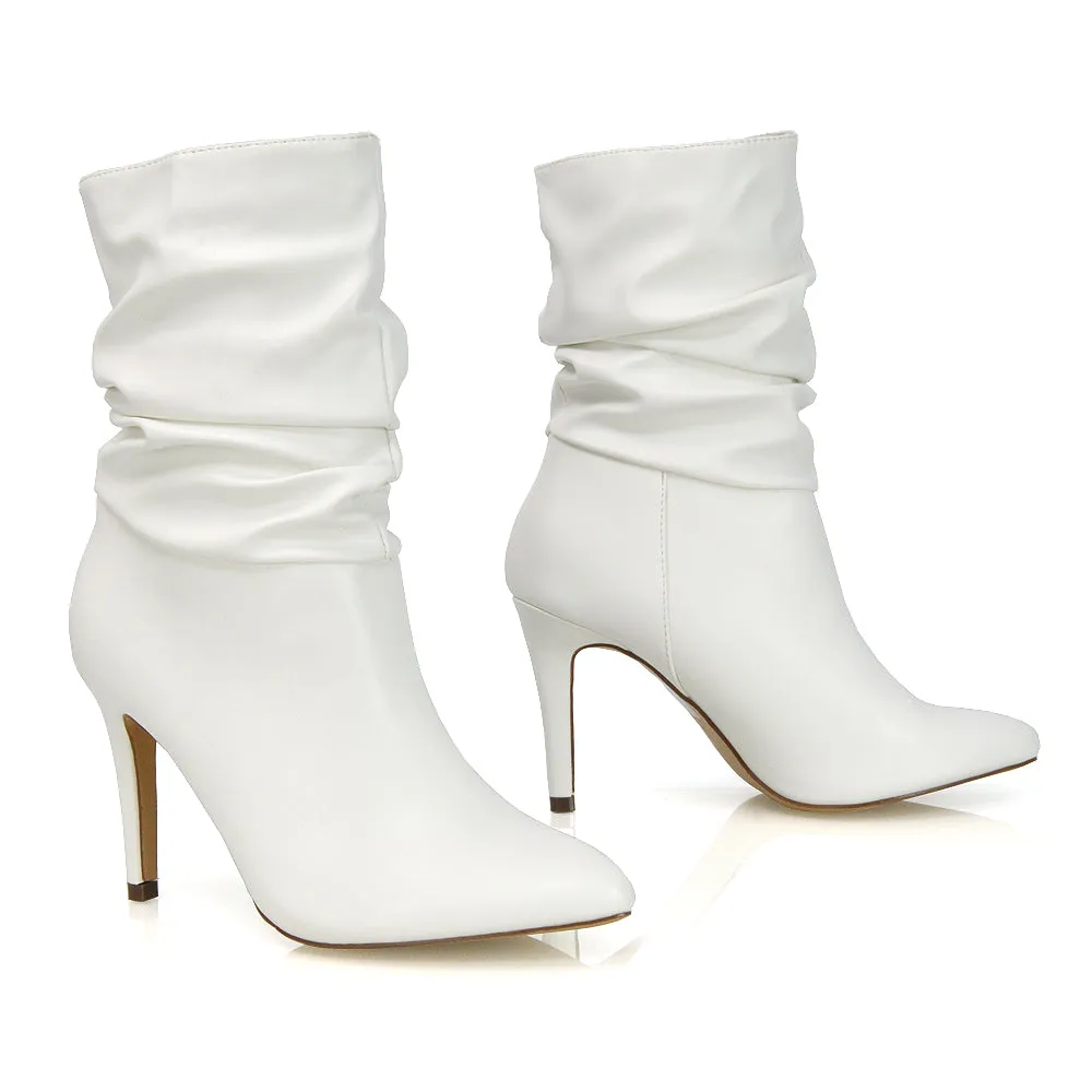 Velma Ruched Pointed Toe Stiletto High Heeled Ankle Boots in Black PU