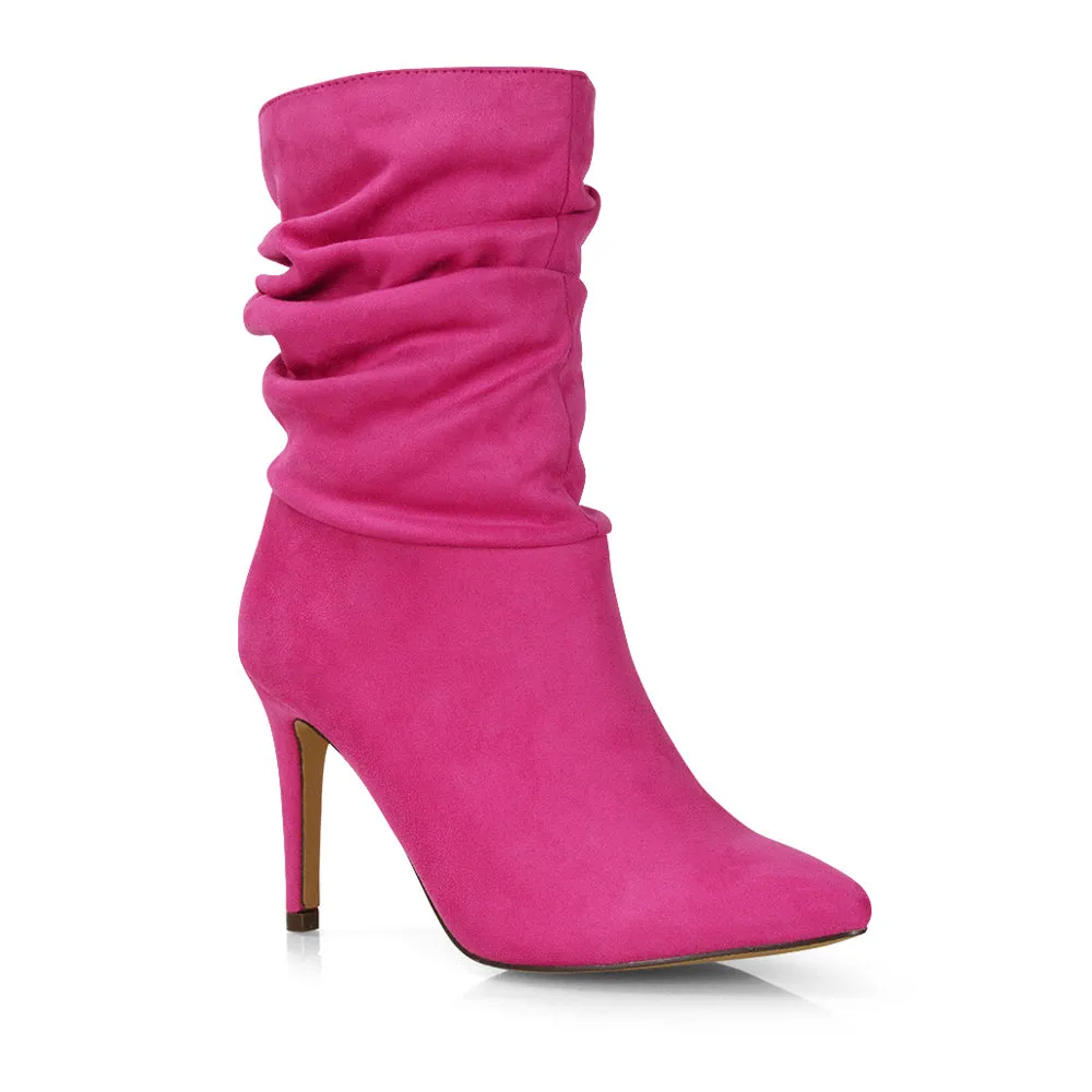 Velma Ruched Pointed Toe Stiletto High Heeled Ankle Boots in Black PU
