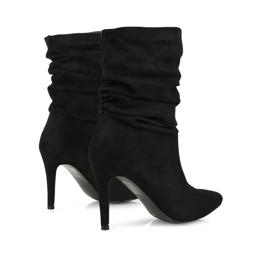 Velma Ruched Pointed Toe Stiletto High Heeled Ankle Boots in Black PU