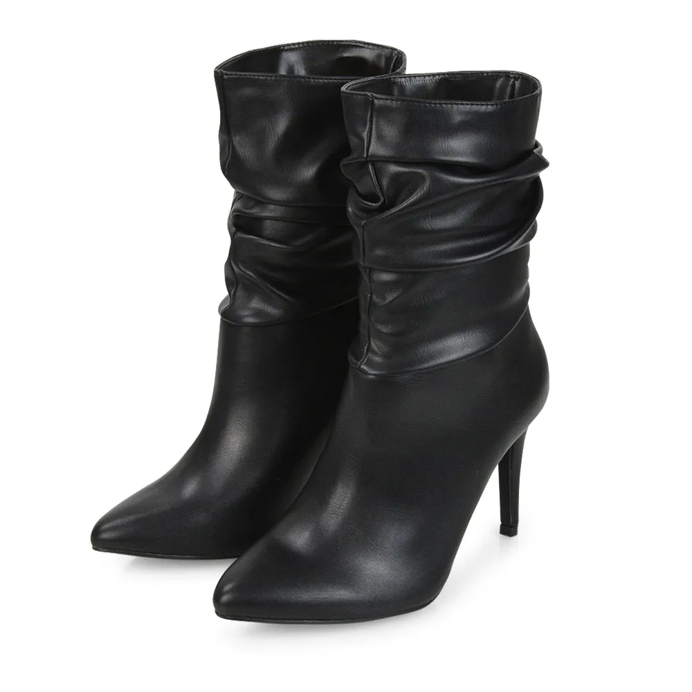 Velma Ruched Pointed Toe Stiletto High Heeled Ankle Boots in Black PU