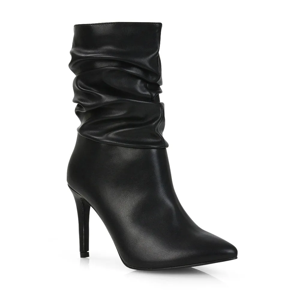 Velma Ruched Pointed Toe Stiletto High Heeled Ankle Boots in Black PU