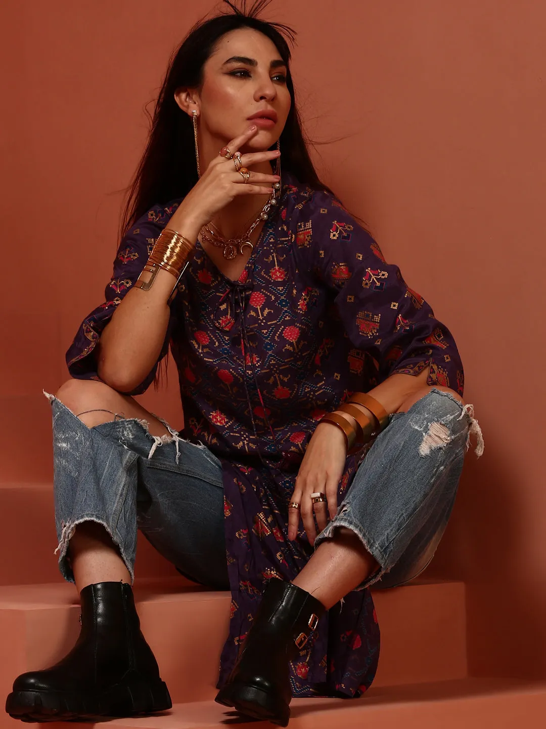 Violet Printed Straight Kurta