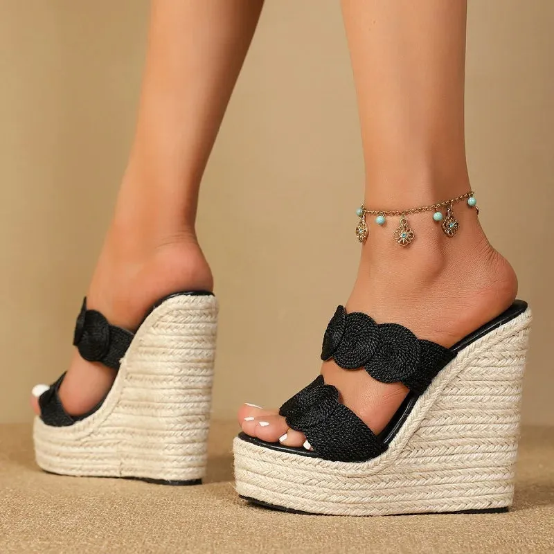 Weave Solid Platform Wedges Peep Toe Shoes