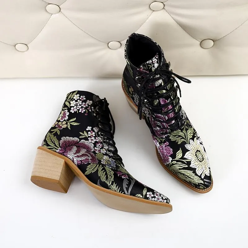 Women Embroidery Chunky Lace Up Heeled Boots