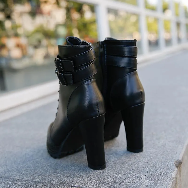 Women platform lace up buckle strap chunky heeled booties