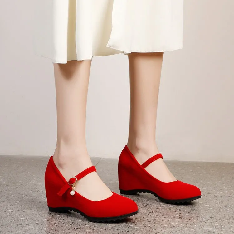 Women's Mary Jane Velvet Platform Wedge Heels Shoes