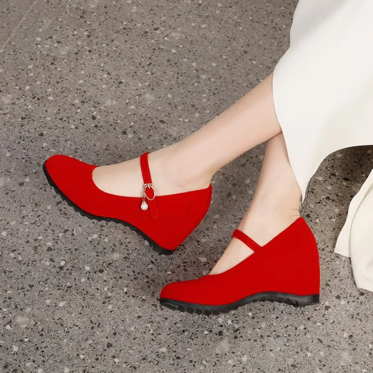 Women's Mary Jane Velvet Platform Wedge Heels Shoes